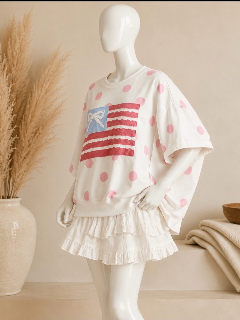Peach Love California Cream Pink Polka Dot American Flag Bow Top - Picture 2 of 3